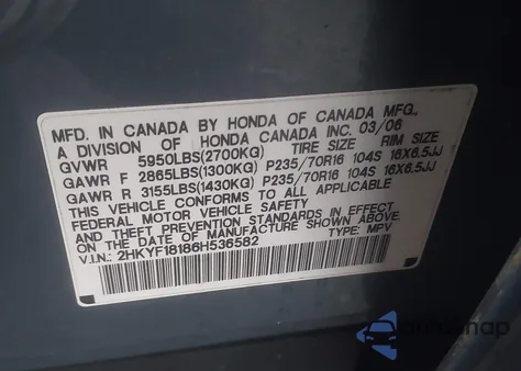2006 Honda Pilot Lx z USA, uszkodzony, nr VIN 2HKYF18186H536582